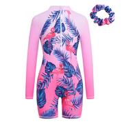 JiAmy Girls Swimming Costume One Piece Swimsuit Long Sleeve Zipper Swimwear UV Sun Protection Rash Guard Bathing Suit Mermaid Swimming Suit with Swim Hat for Girls 4-5 Years Red