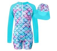 JiAmy Girls Swimming Costume One Piece Swimsuit Long Sleeve Zipper Swimwear UV Sun Protection Rash Guard Bathing Suit Mermaid Swimming Suit with Swim Hat for Girls, Scalecyan 7-8 Years