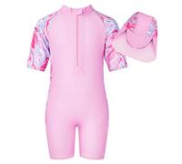 JiAmy Girls Swimming Costume One Piece Swimsuit Short Sleeve Zipper Swimwear UV Sun Protection Rash Guard Bathing Suit Mermaid Swimming Suit with Swim Hat for Girls, Pink 5-6 Years