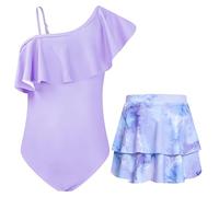 JiAmy Girls Swimming Costume One Piece Swimsuits One Shoulder Ruffle with Skirt UV Sun Protection Bathing Suit Floral Girls Swimwear 8-9 Years Purple