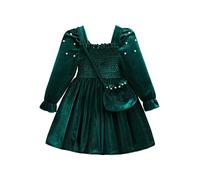JiAmy Girls Velvet Dress Kid Puff Long Sleeve Party A Line Casual Christmas Birthday Princess Dresses with Crossbody Bag 120,Green