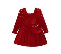 JiAmy Girls Velvet Dress Kid Puff Long Sleeve Party A Line Casual Christmas Birthday Princess Dresses with Crossbody Bag 110,Red