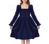 JiAmy Girls' Velvet Dresses Long Sleeve Kids Party Festive Princess Dress Toddler Little Girl Christmas Birthday Winter Autumn Clothes 7-8 Years, Navy Blue