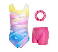 JiAmy Gymnastics Leotards for Girls, 3Pcs Sleeveless Athletic Outfit Sparkly Dance Unitards with Shorts Ballet Biketards Rainbow 3-4 Years