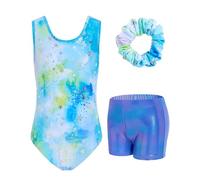 JiAmy Gymnastics Leotards for Girls, 3Pcs Sleeveless Athletic Outfit Sparkly Dance Unitards with Shorts Ballet Biketards 3-4 Years