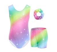 JiAmy Gymnastics Leotards for Girls, 3Pcs Sleeveless Athletic Outfit Sparkly Dance Unitards with Shorts Ballet Biketards 3-4 Years