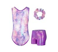 JiAmy Gymnastics Leotards for Girls with Shorts Set, 3Pcs Kids Gymnastics Athletic Outfit, Sleeveless Ballet Dancewear for Kids Starry Sky 9-10 Years