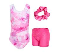 JiAmy Gymnastics Leotards for Girls with Shorts Set, 3Pcs Kids Gymnastics Athletic Outfit, Sleeveless Ballet Dancewear for Kids Pink Flowers 8-9 Years
