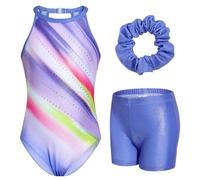 JiAmy Gymnastics Leotards for Girls with Shorts Set, Clasp Back Athletic Activewear Sparkle Kids Gymnastics Outfit for 3-12 Years