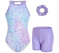 JiAmy Gymnastics Leotards for Girls with Shorts Set, Clasp Back Athletic Activewear Sparkle Kids Gymnastics Outfit for 3-12 Years