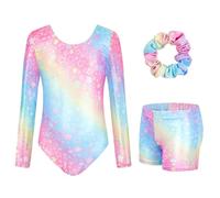 JiAmy Gymnastics Leotards for Girls with Shorts Set, Long Sleeve Kids Gymnastics Athletic Outfit for Kids 3-12 Years