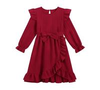 JiAmy Kids Dresses for Girls Ruffle Puff Long Sleeves Festive Dress Casual Knee Length Swing Party Autumn Winter Dresses with Belt 110,Red