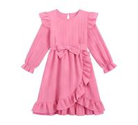 JiAmy Kids Dresses for Girls Ruffle Puff Long Sleeves Festive Dress Casual Knee Length Swing Party Autumn Winter Dresses with Belt 110,Pink