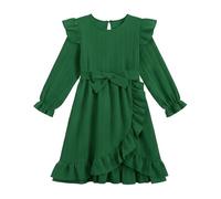 JiAmy Kids Dresses for Girls Ruffle Puff Long Sleeves Festive Dress Casual Knee Length Swing Party Autumn Winter Dresses with Belt 130,Green
