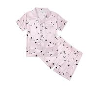 JiAmy Kids Short Sleeve Pyjamas Girls Satin Pjs Teen Button-Down Silky Sleepwear 2 Pieces Print Nightwear Summer Loungewear Sets 7-8 Years,Starry sky