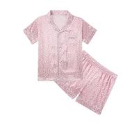 JiAmy Kids Short Sleeve Pyjamas Girls Satin Pjs Teen Button-Down Silky Sleepwear 2 Pieces Print Nightwear Summer Loungewear Sets 5-6 Years,Pink Leopard