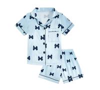 JiAmy Kids Valentine's Day Girls 2 Pieces Set Summer Bow Print Short Sleeve Button Down Shirts Tops Pants Satin Sets Teenagers 150,Blue