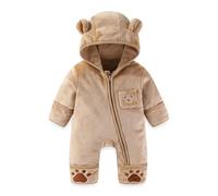 JiAmy Lightweight Newborn Baby Snowsuit Fleece Winter Snow Suits, Bear Hooded Footed Romper Cartoon Baby Girls Boys Clothes Outfits Brown 0-3 Months