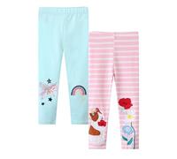 JiAmy Pack of 2 Girls' Leggings Children's Stretch Colourful Unicorn Pattern Cotton Trousers for Girls 2-7 Years, lightblue, 2 Years