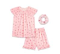 JiAmy Pjs for Girls Summer Girls Pyjamas 3 Piece Pj Kids Set Short Sleeve Nightwear Sets Sleepwear 4-12 Years Age 5-6,Pink Strawberry