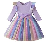 JiAmy Rainbow Dresses for Girls Ruffle Long Sleeves Dress Kids Sequins Ribbed Knit Tulle Skirt with Belt for 1-2T, Purple