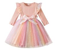 JiAmy Rainbow Dresses for Girls Ruffle Long Sleeves Dress Kids Sequins Ribbed Knit Tulle Skirt with Belt for 2-3 Years, Pink