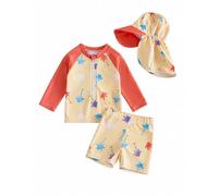 JiAmy Toddler Boys Rash Guard Swimsuit Set, Long Sleeve Swimwear with Sun Hat, Baby Boy Bathing Suit with Swim Trunks 6M to 4Y