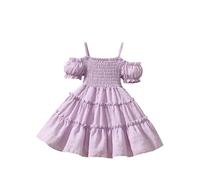 JiAmy Toddler Girl Dresses Solid Color Off Shoulder Pleated Cake Dress Girls' Tiered Princess Dresses for 6-7 Years, Purple