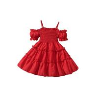 JiAmy Toddler Girl Dresses Solid Color Off Shoulder Pleated Cake Dress Girls' Tiered Princess Dresses for 3-4 Years, Red