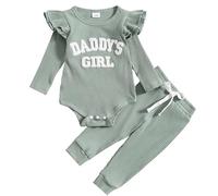 JiAmy Toddler Girls Outifts, Newborn Clothes Set Daddy's Girl Ruffle Short Sleeve Embroidered Bodysuit and Pants 2pcs Sets, 9-12 Months Green