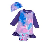 JiAmy Toddler Girls Swimming Costume with Swim Cap, Tie-dye Mermaid Long Sleeve UV Sun Protection Little Girls Kids Swimsuit for 5-6 Years, Purple