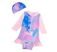 JiAmy Toddler Girls Swimming Costume with Swim Cap, Tie-dye Mermaid Long Sleeve UV Sun Protection Little Girls Kids Swimsuit for 6-7 Years, Pink