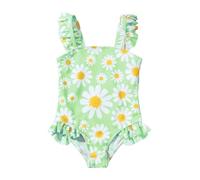 JiAmy Toddler Swimming Costume Girls Flowers Ruffle Lovely Sleeveless One Piece Swimsuit Kids Square Neck Wrap Bathing Suit Children's Swimwear for 3-4 Years, Green