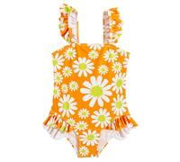 JiAmy Toddler Swimming Costume Girls Flowers Ruffle Lovely Sleeveless One Piece Swimsuit Kids Square Neck Wrap Bathing Suit Children's Swimwear for 6-7 Years, Orange