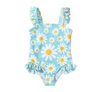 JiAmy Toddler Swimsuit Girls, Flowers Ruffle Sleeveless Kids Swimming Costume One Piece, Square Neck Lovely Little Girls Bathing Suit for 2-3 Years, Blue