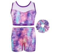 JiAmy Two Piece Gymnastics Leotards for Girls, Sleeveless Sparkly Dance Biketards with Shorts Ballet Tumbling Outfit purple 5-6 Years