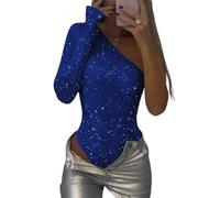 jianamei Women's One Shoulder Sequin Bodysuit,Sexy Sequin Bodysuit for Women,Women's Sequins One Shoulder Bodysuit Glitter Sparkle Leotard One Piece Outfits (Blue,S)
