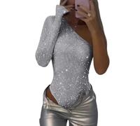 jianamei Women's One Shoulder Sequin Bodysuit,Sexy Sequin Bodysuit for Women,Women's Sequins One Shoulder Bodysuit Glitter Sparkle Leotard One Piece Outfits (White,XL)