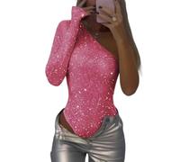jianamei Women's One Shoulder Sequin Bodysuit,Sexy Sequin Bodysuit for Women,Women's Sequins One Shoulder Bodysuit Glitter Sparkle Leotard One Piece Outfits (Pink,S)