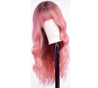 JIANBOHAIRS 26 inch Long Wave Wigs with Bangs,Curly Wigs for Women Heat Resistant Synthetic Wig for Thinning Hair(1B/Pink)