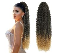 JIANBOHAIRS 30inch Long Curly Ponytail Hair Extensions,Synthetic Water Wave Drawstring Thick Ponytails Hairs for Women, with 2 Clips Daily Wear(MTT4-27)