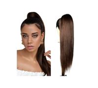 JIANBOHAIRS Dark Brown Colored Straight Drawstring Ponytail Human Hair Brazilian Remy Clip In Extensions 2 Combs 100/150g Pony Tail Daily Wear(20inches 150g)