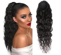 JIANBOHAIRS Human Hair Drawstring Ponytail Extension Water Wave in Natural Black Color, Ponytails Clip in for Women Daily Wear(22 inch)