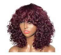 JIANBOHAIRS Short Curly Wig with Bangs Human Hair for Women,Water Wave Curly Bob Glueless Wigs 150 Density for Thinning Hair(Wine red,14inch)