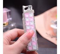 JIANCHEN Rhinestone Bling Lighter, Pink Flame Cool Lighter, Metal Refillable Butane Lighter, Girls Lighter for Women Lady Wife Gift, White Pink