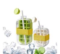 JIANFA 2 Pack Cup Ice Cube Bottles with Straw, Silicone 2 in 1 Touch-Free Water Bottle Ice Cube Trays with Lid and Storage, Push-Type Ice Cube Maker Tray for Home Freezer Outdoor Ice Making Juice