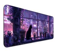 JIANG100 Japanese Anime Cute Cat and Plant Gaming Desk Mat, Computer Keyboard Large Extended Kawaii Animal Mouse Pad for Office and Home, 31.5×11.8 Inches, XL, Purple