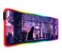 JIANG100 RGB Japanese Anime Cute Cat and Plant Gaming Desk Mat, Computer Keyboard Large Extended Kawaii Animal LED Mouse Pad for Office and Home, 31.5×11.8 Inches, XL, Purple
