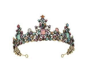 Jiangbered Alloy Bridal Crown Ornamental Tiara Baroque Style Rhinestone Headpiece Elegant Hair Jewelry Secure Fit with End Loops Suitable for Costume Events Pageants Photography, Antique Gold Multi