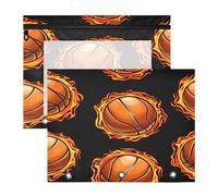 JiangGgen Basketballs with Flames 2 Pack 3 Ring Binder Pencil Pouch,Binder Pencil Case with Clear Window Zipper Big Capacity Pencil Bags